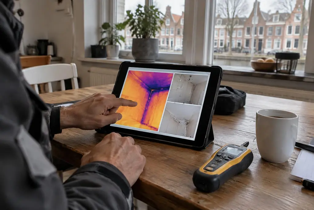 Lekdetectie Mijdrecht – lekdetectierapport met warmtebeelden en foto's op een tablet
