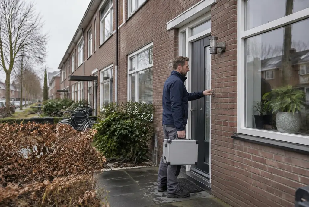 Lekdetectiespecialist met meetkoffer bij de voordeur van een woning in Mijdrecht